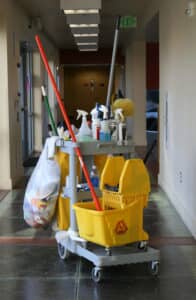 Janitorial cart in the middle of a hallway
